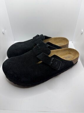 Birkenstock Black Suede Slip-On Clogs with Buckle